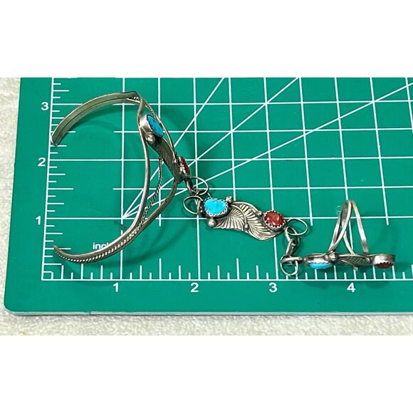 VTG Native American Slave Cuff Bracelet Ring Coral Turquoise on Sterling Silver - Picture 13 of 16